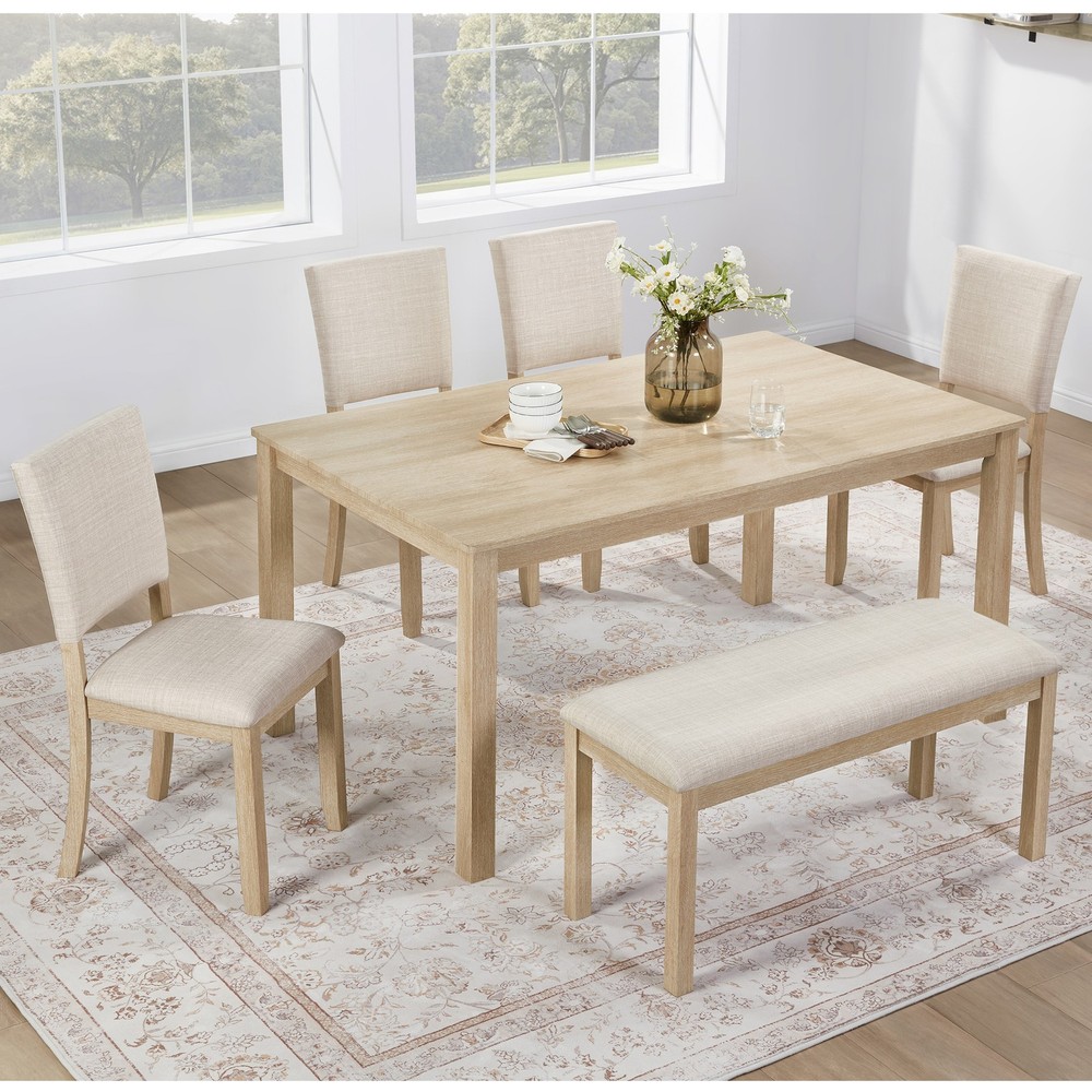 6Pack Dining Table Set with Bench, Wooden Rectangular Kitchen Table Set, Modern