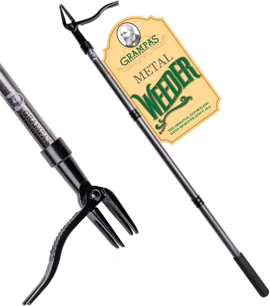 Heavy Duty Steel Weeder: Stand Up Tool, 4-Claw Long Handle,