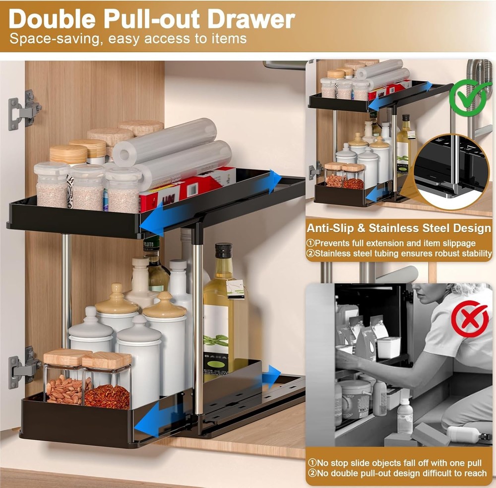 Expandable Under Sink Organizer 2 Tier Under Cabinet Organizer Double Pull Out