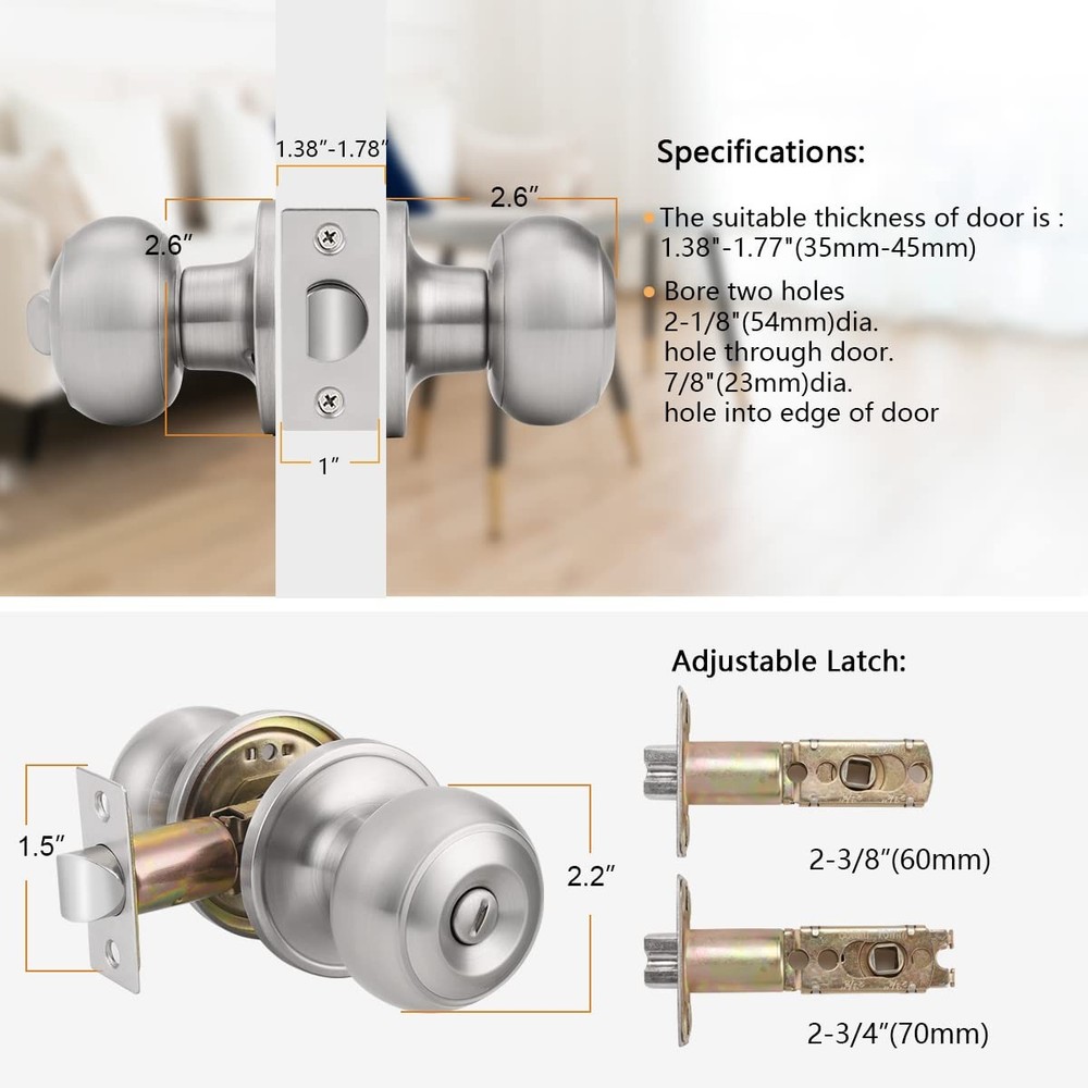 Brushed Nickel Bed/Bath Door Knobs, Satin 10 Pack,