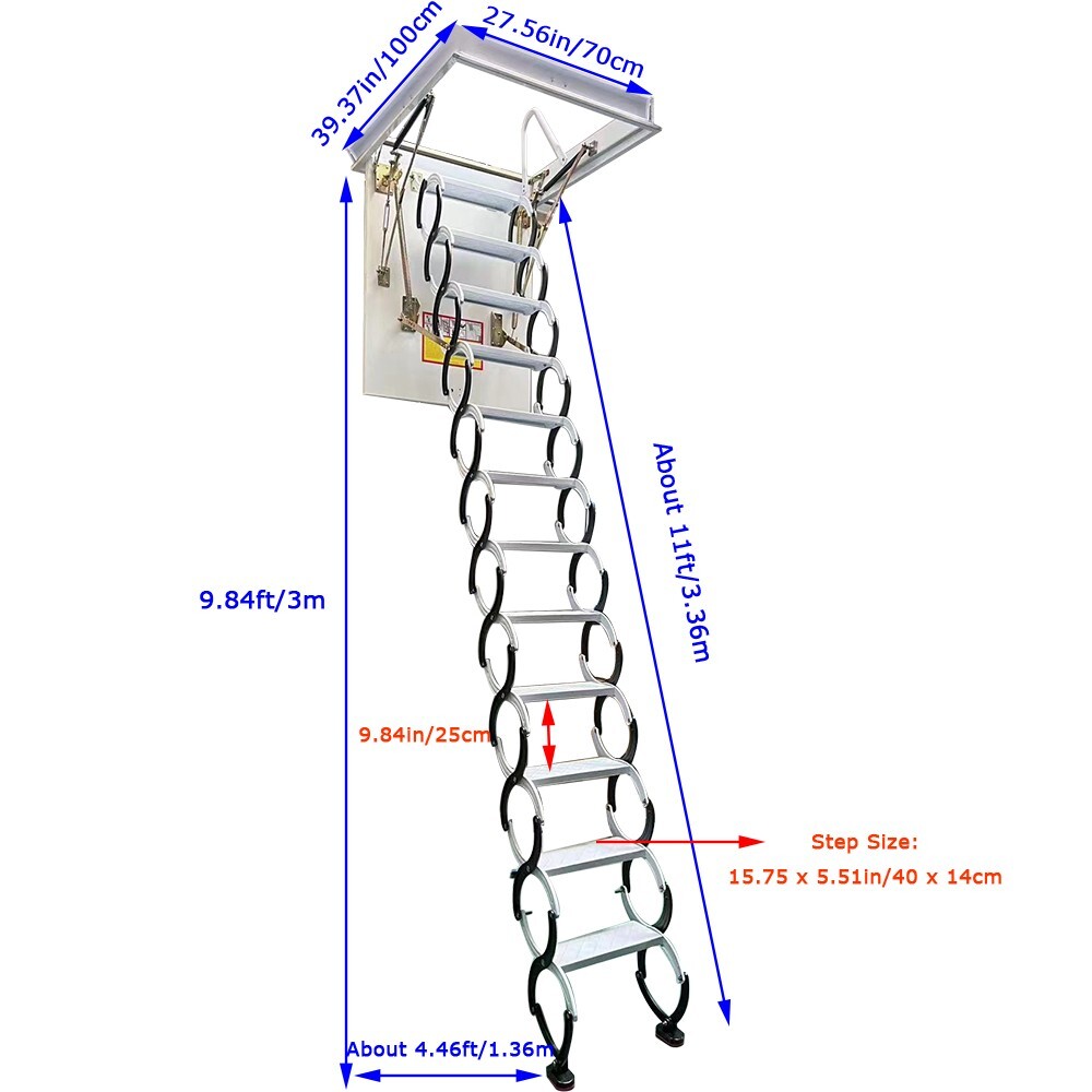 70*100 cm Attic Pull-down Folding Stairs Retractable Stairs Max 9.84ft/3m