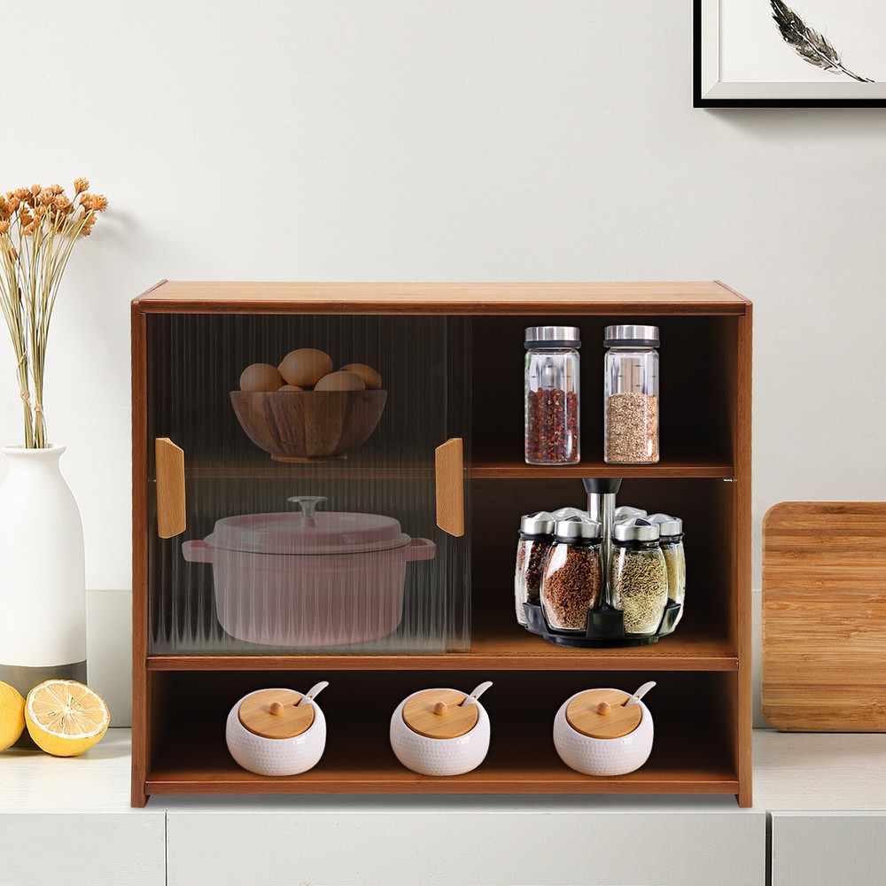 Kitchen Pantry Sideboard Bamboo Small Storage Cabinet Sliding Door Cupboard