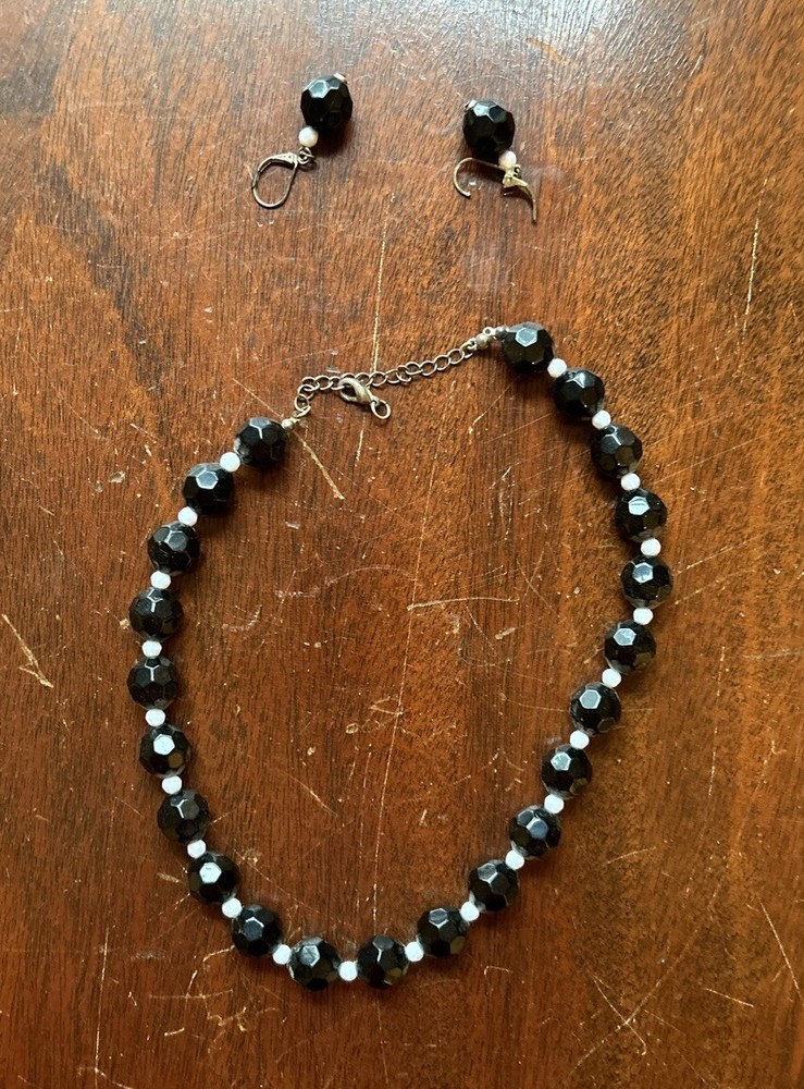 Bracelet and Earring - Silver And Charcoal Plastic Beads