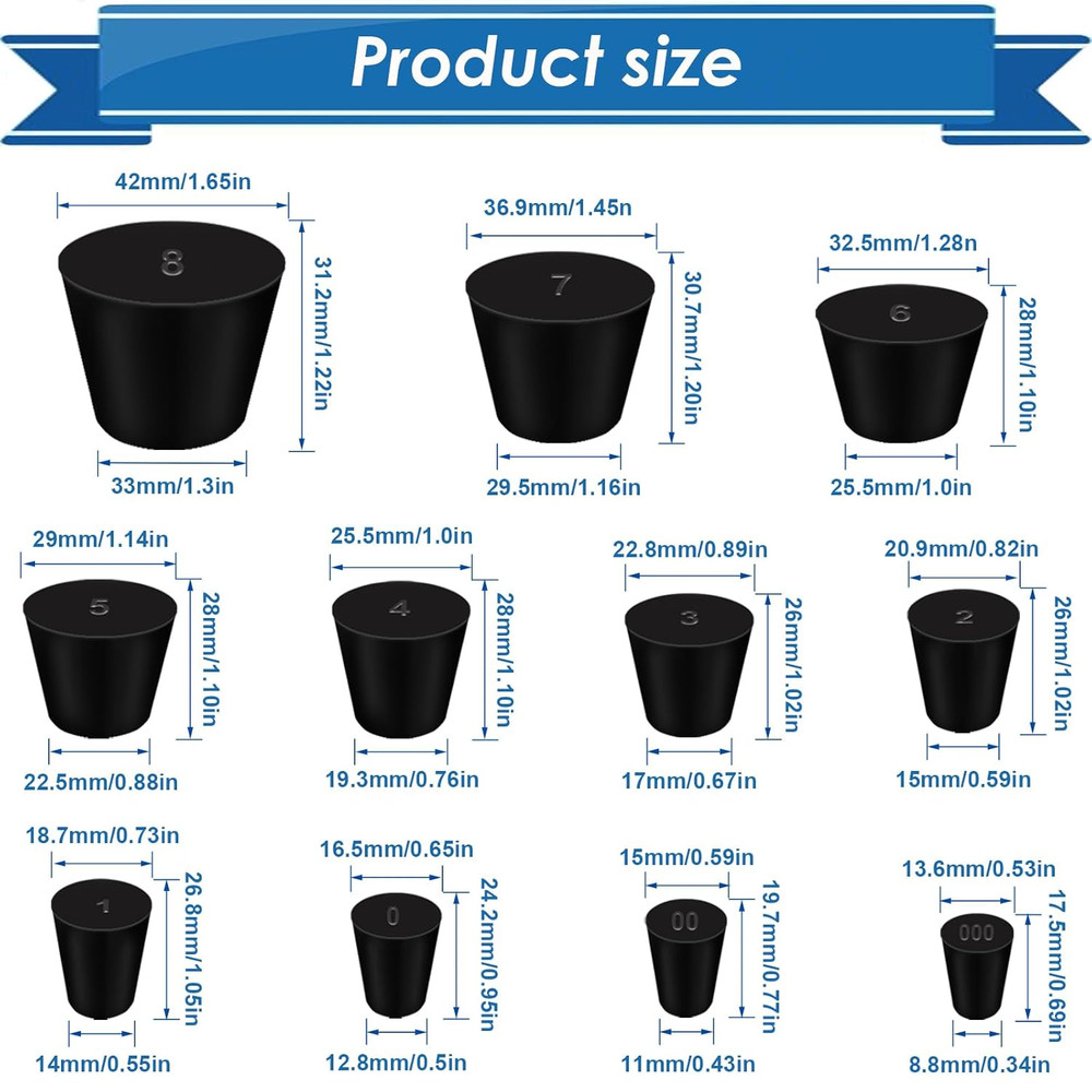24Pcs Solid Rubber Stopper 11 Assorted Sizes 000# - 8# for Flask, Plug Holes,...