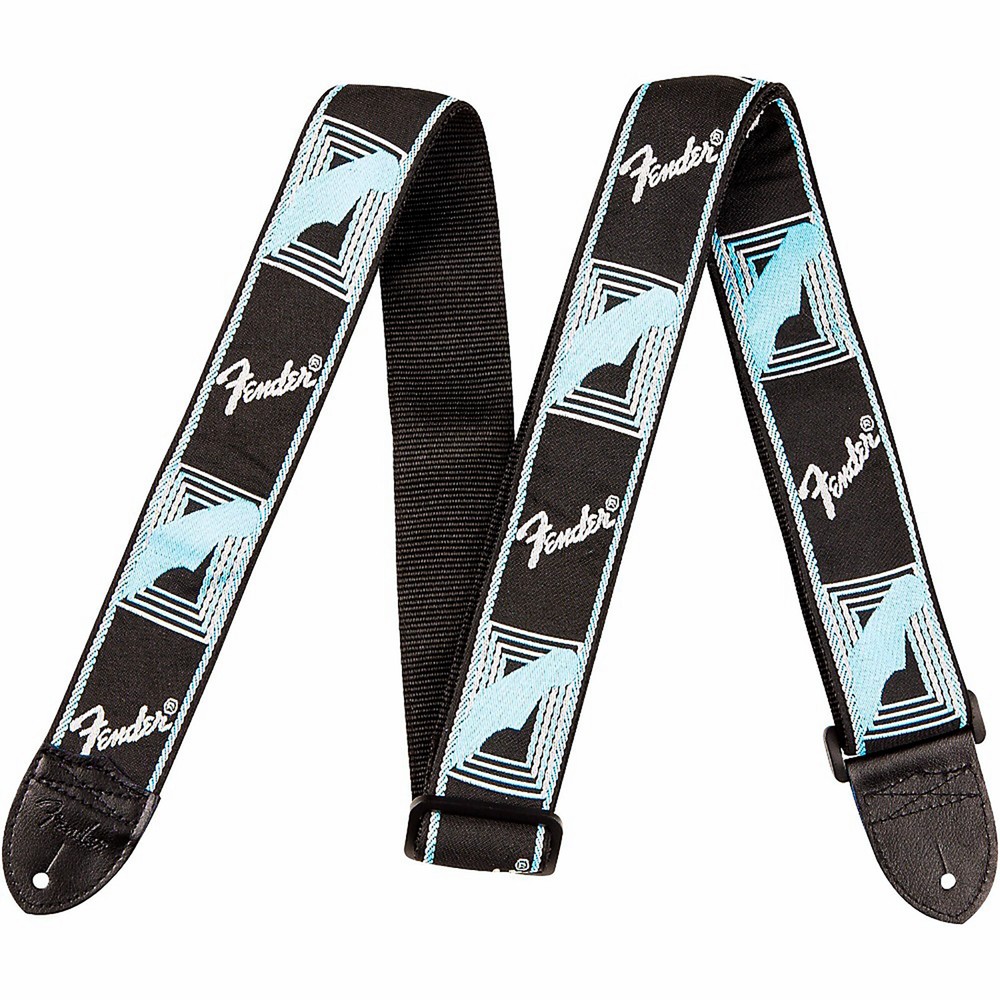 Fender Monogrammed Guitar Strap with Leather End, Black/Grey/Light Blue