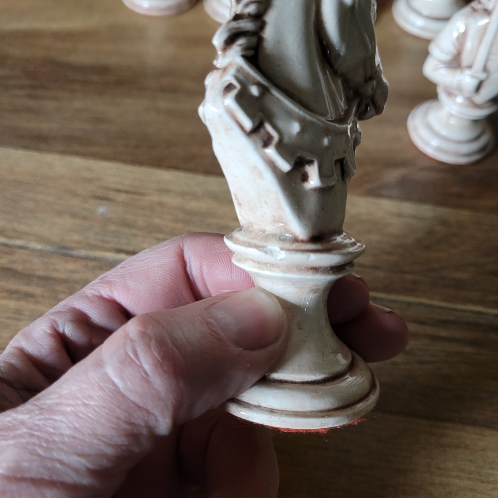 VINTAGE CERAMIC CHESS PIECES , ONE COMPLETE SIDE , MEDIEVAL THEMED