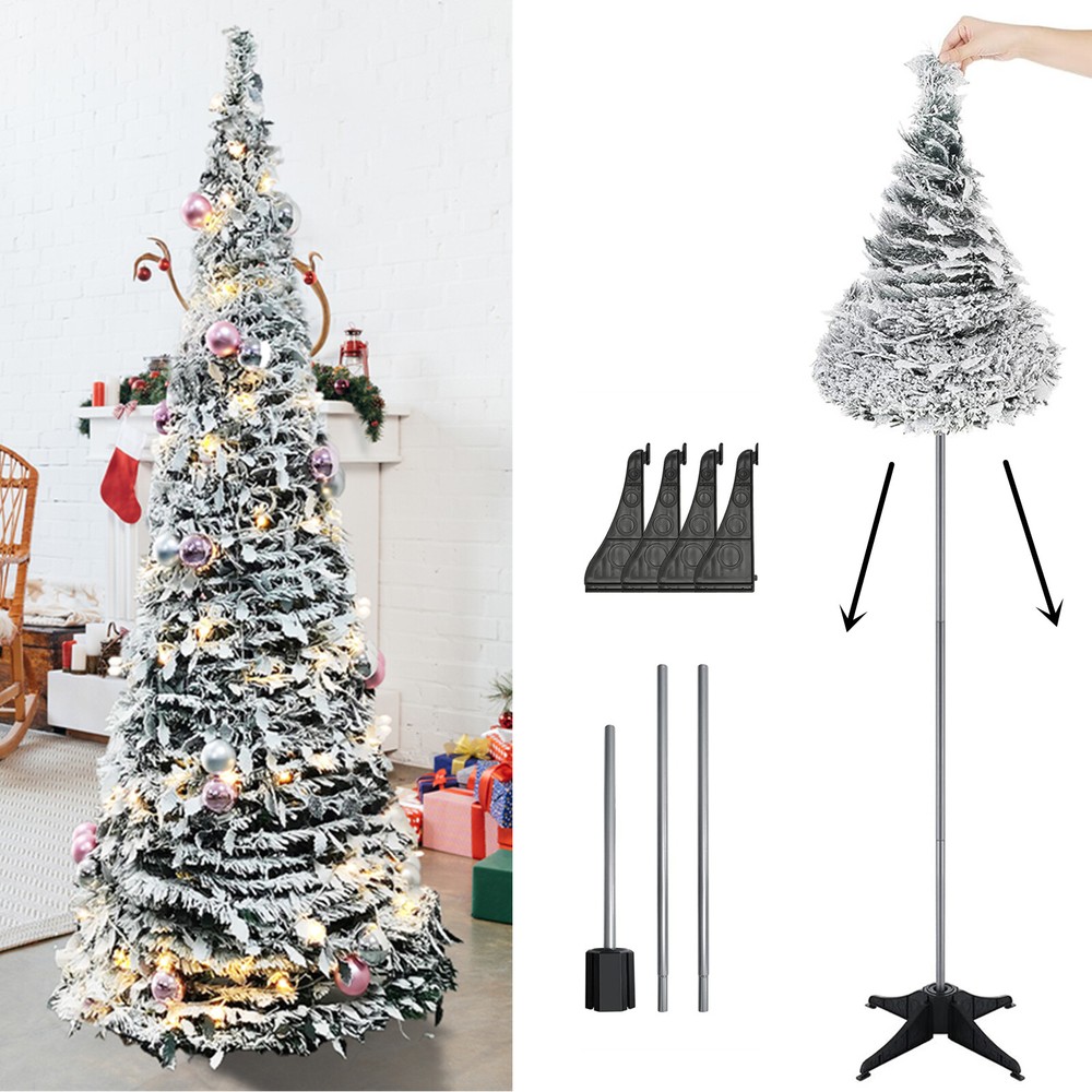 Pre-Lit Tree 6FT Artificial Foldable Snow Flocked Christmas Tree Home Decor