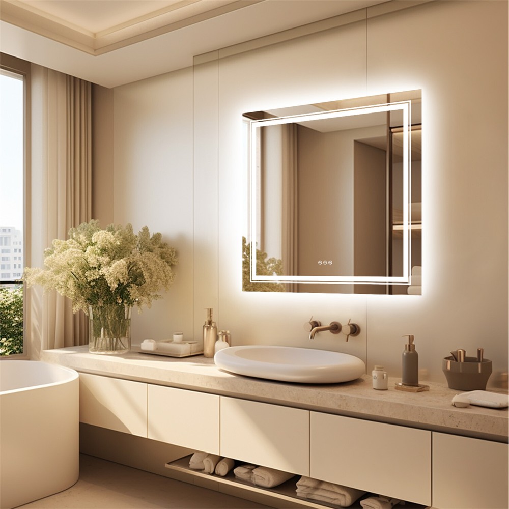 Double LED Bathroom Mirror 32x32 with Lights Defog Stepless Dimmable Wall Mirror