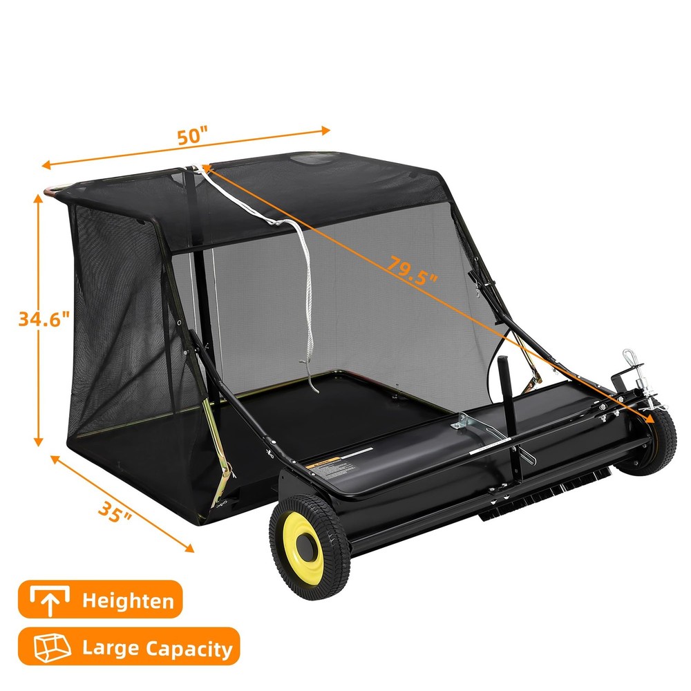 50" Lawn Sweeper Tow Behind,26Cu.Ft.Large Pull Behind Grass Sweeper,Adjustable