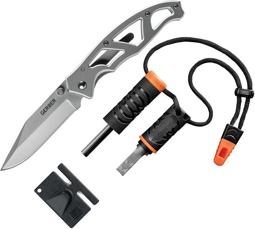 GERBER Survival Set Paraframe Knife, Fire Starter, Sharpener, Whistle Combo
