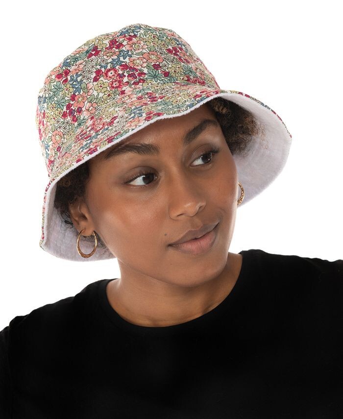 JENNI Terry cotton reversible women's floral solid bucket hat - WHITE/MULTICOLOR
