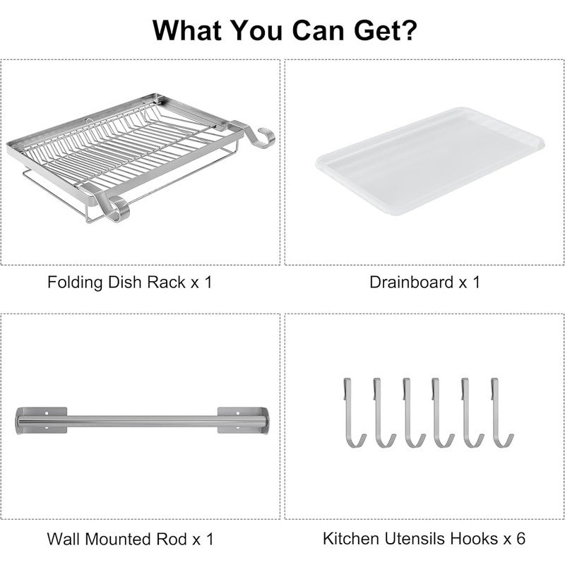 Stainless Steel Dish Drying Rack Wall Mount Space Saving Drainboard Hooks New