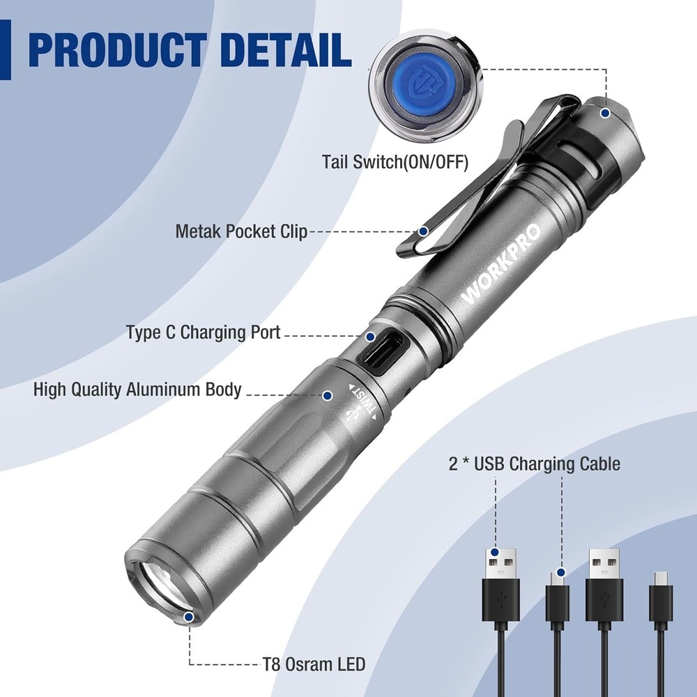 WORKPRO Rechargeable Pen Light Mini Flashlight 2 Pk Ultra-Compact EDC Flashlight