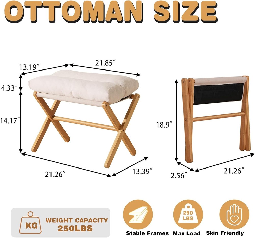 Ottoman Foot Rest- Bamboo Foldable Stool Foot Stools Small Ottman W/ Upholstered