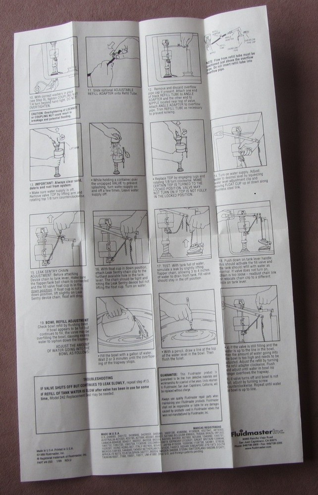 Original 1999 Fluidmaster 400LS Pro Leak Sentry Installation Instructions