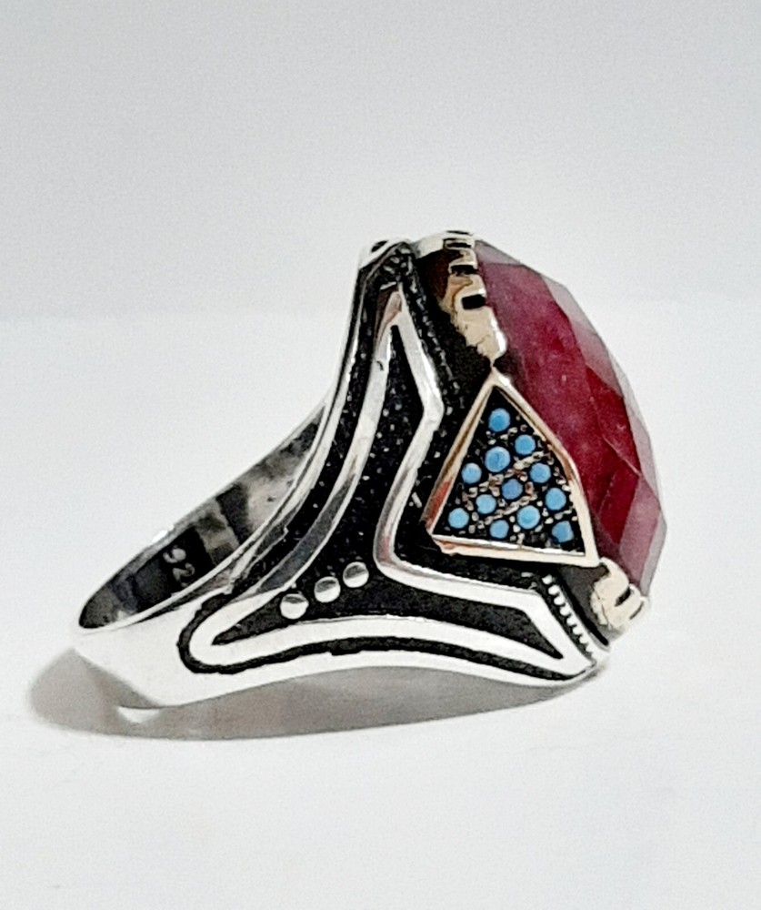 Mens 925 Ruby Turquoise Solitaire Silver Ring Man Sterling $