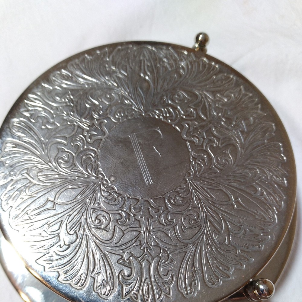 Initial F Engraved Monogram Leonard Silverplate Coasters with Holder Caddy