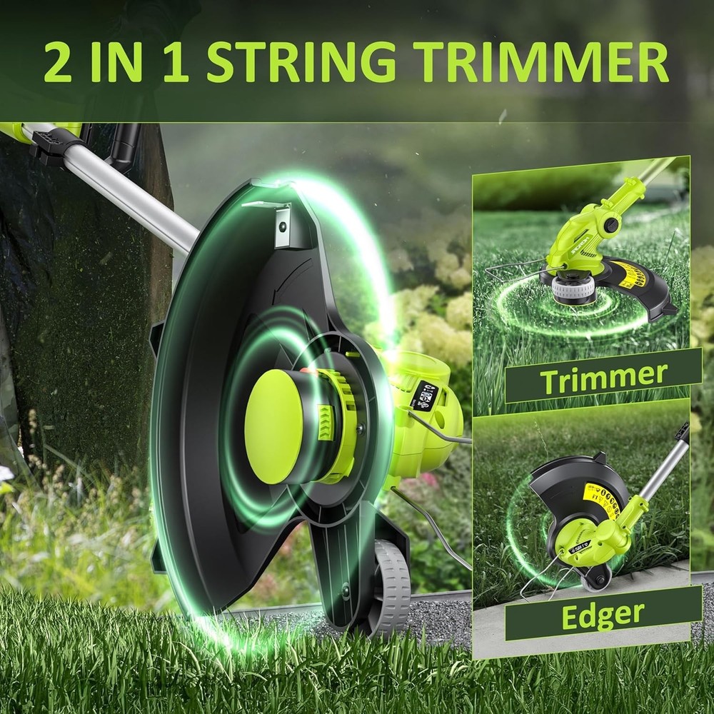 Cordless 20V Electric String Trimmer & Edger, 12" with 2 Batteries & 8 Spools
