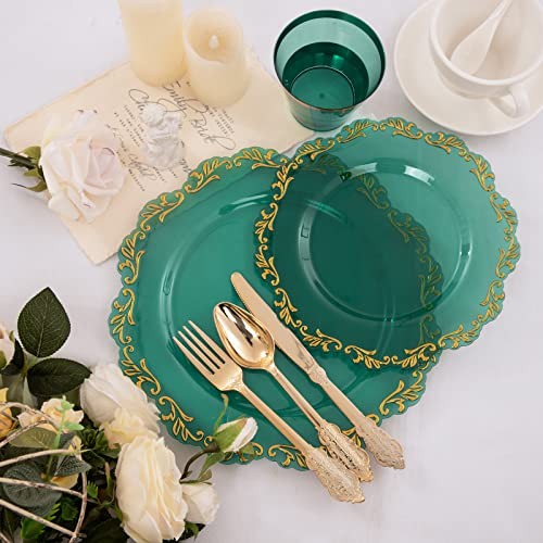 175PCS Clear Plastic Plates & Gold Plastic Silverware & Clear Cups & Green