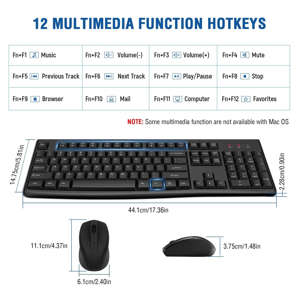 Full-Sized 2.4GHz USB Wireless Keyboard Optical Mouse for PC Desktop