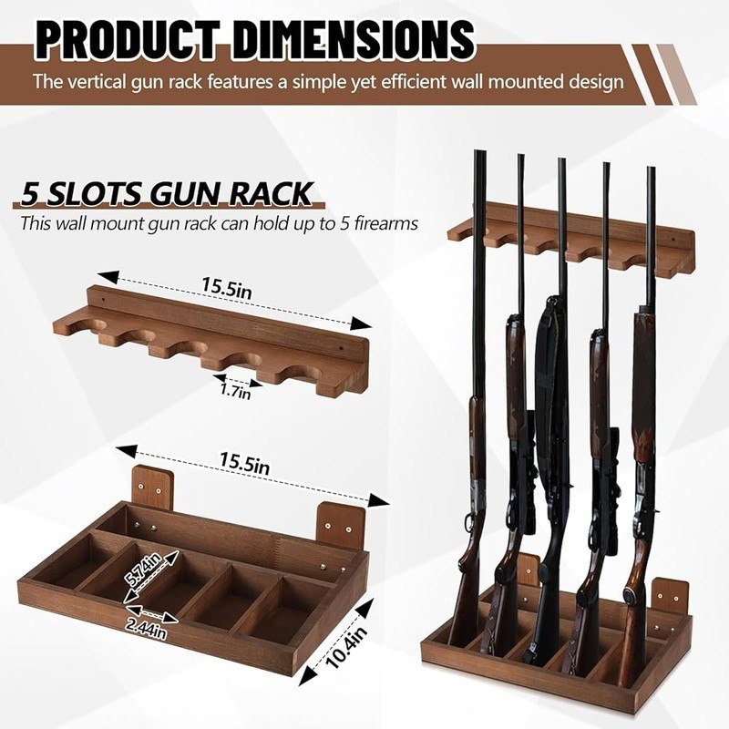 Wall Mounted Wood Gun Rack Vertical Organizer Holds 5 Firearms Storage Solution