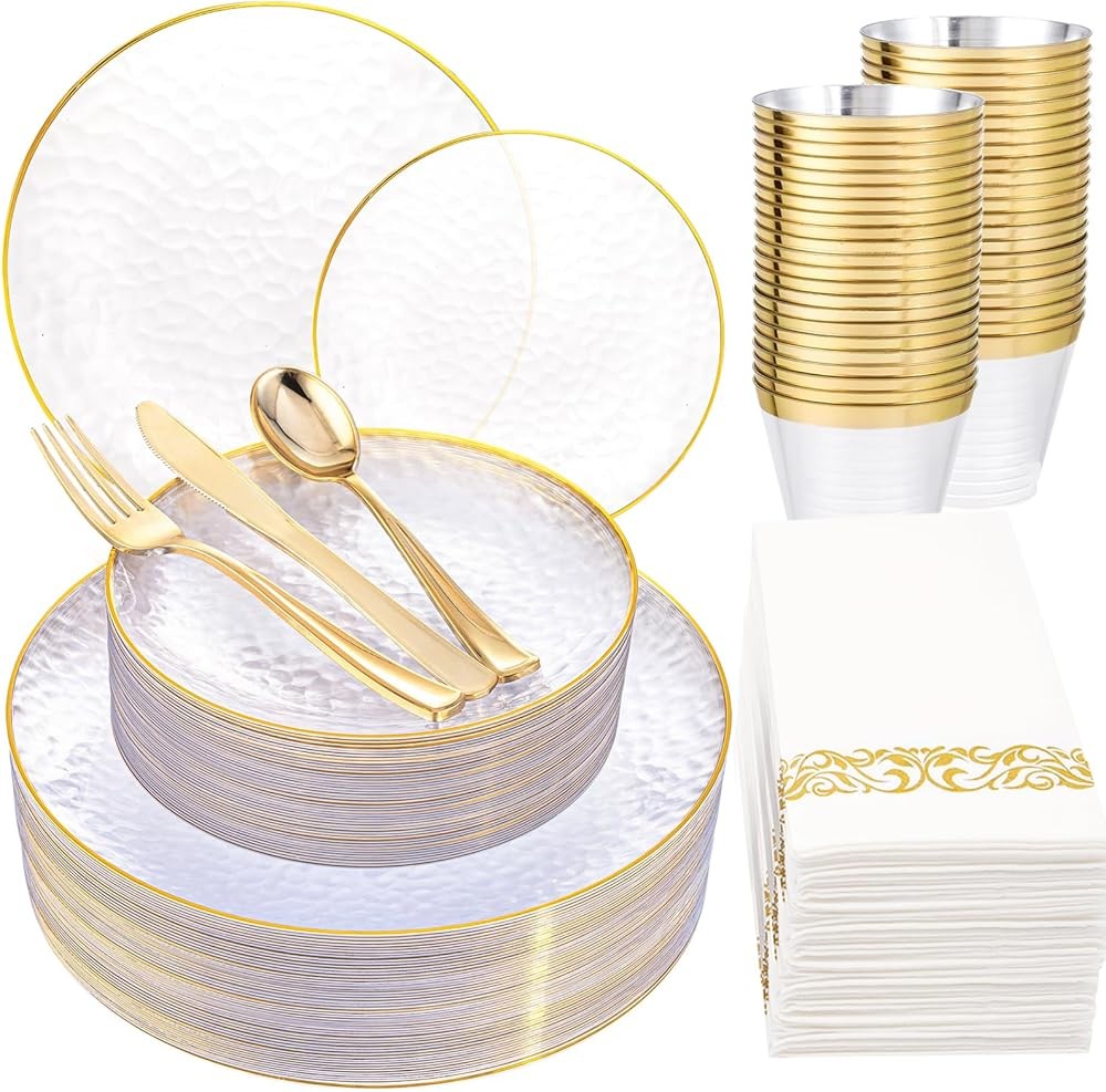 Rubtlp Plastic Dinnerware Set, Oran And Gold Plastic Plates, Hmered