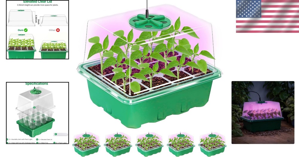 5 Pack Elevated Seedling Trays with Adjustable Humidity Domes & LED Growth Light