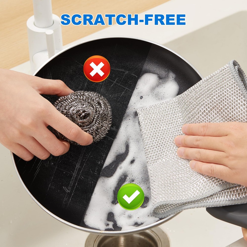 Dual-Sided Silver Microfiber Cleaning Cloth, Reusable Non-Scratch Dishwashing...