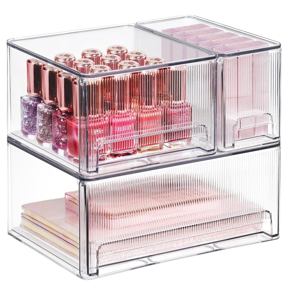 Clear Stackable Makeup Organizer, 3 Pack Plastic Drawer Storage with Handle f...