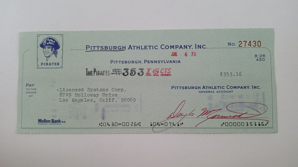 Licensed Systems Corp.: 1978 Pittsburgh Pirates Expense Check