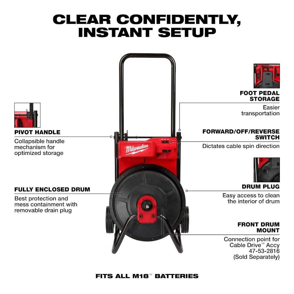 Milwaukee M18 Drum Machine For 3/8-1/2 Cable