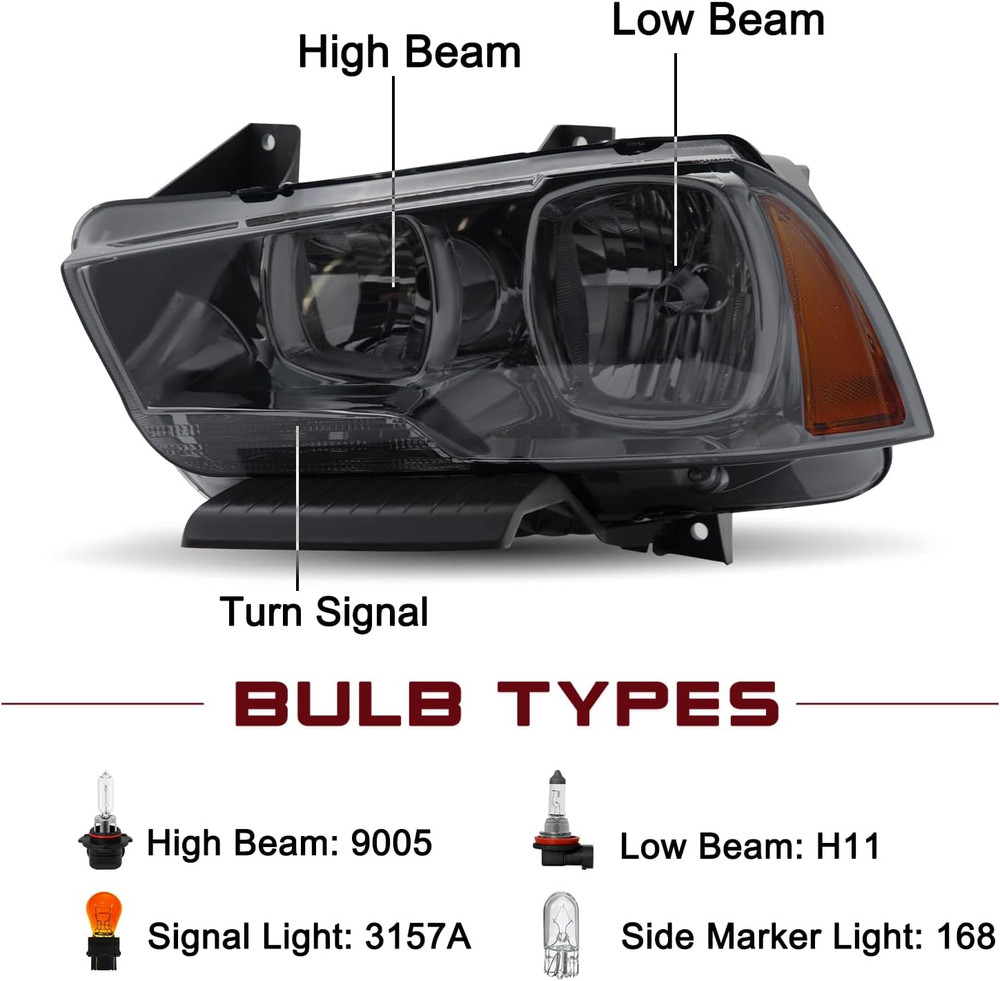 Halogen Headlight Black Smoke Assembly Replacement for 2011-2014 Dodge Charger R