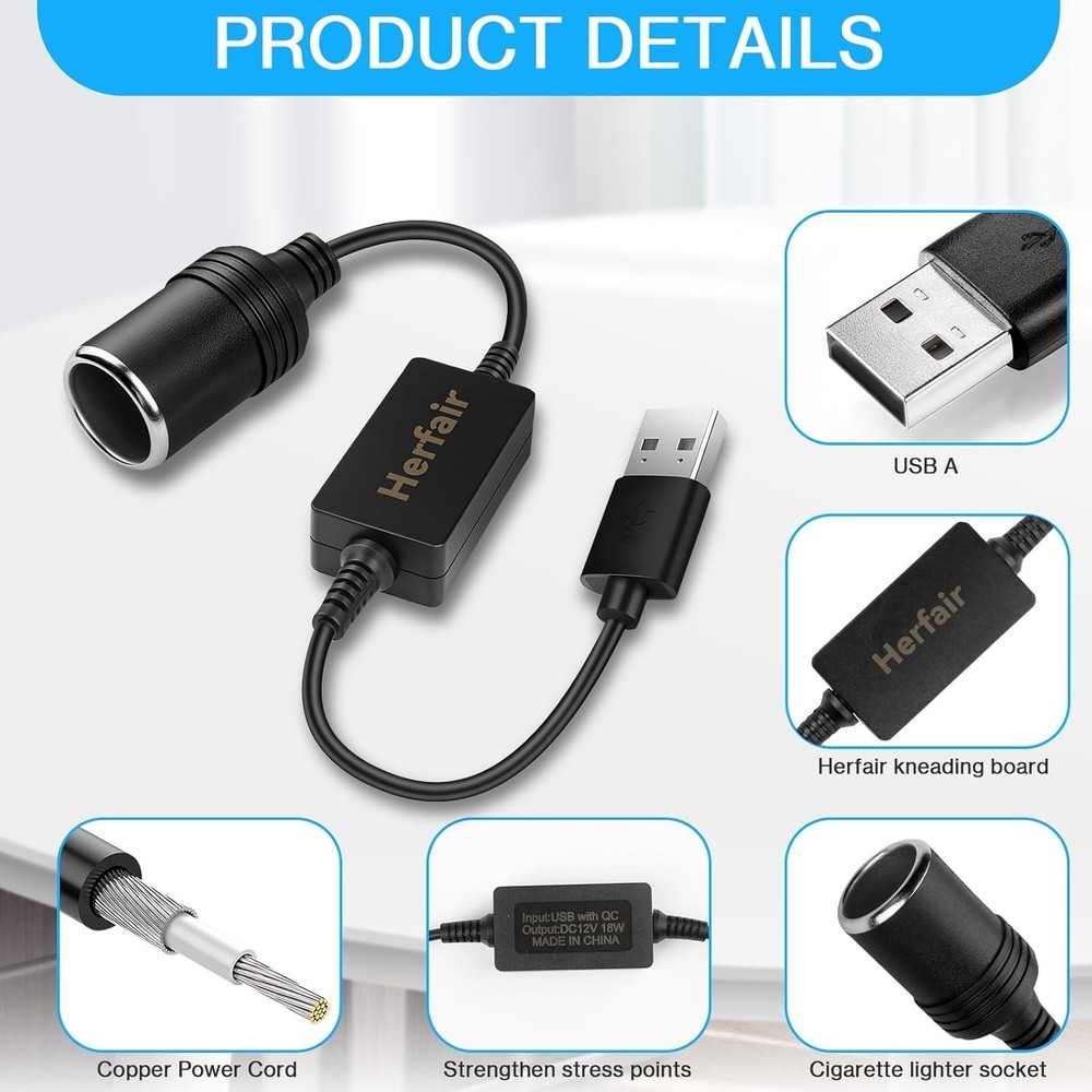 USB A to 12V Cigarette Lighter Socket Adapter - QC Fast Charging, Safe & Durable
