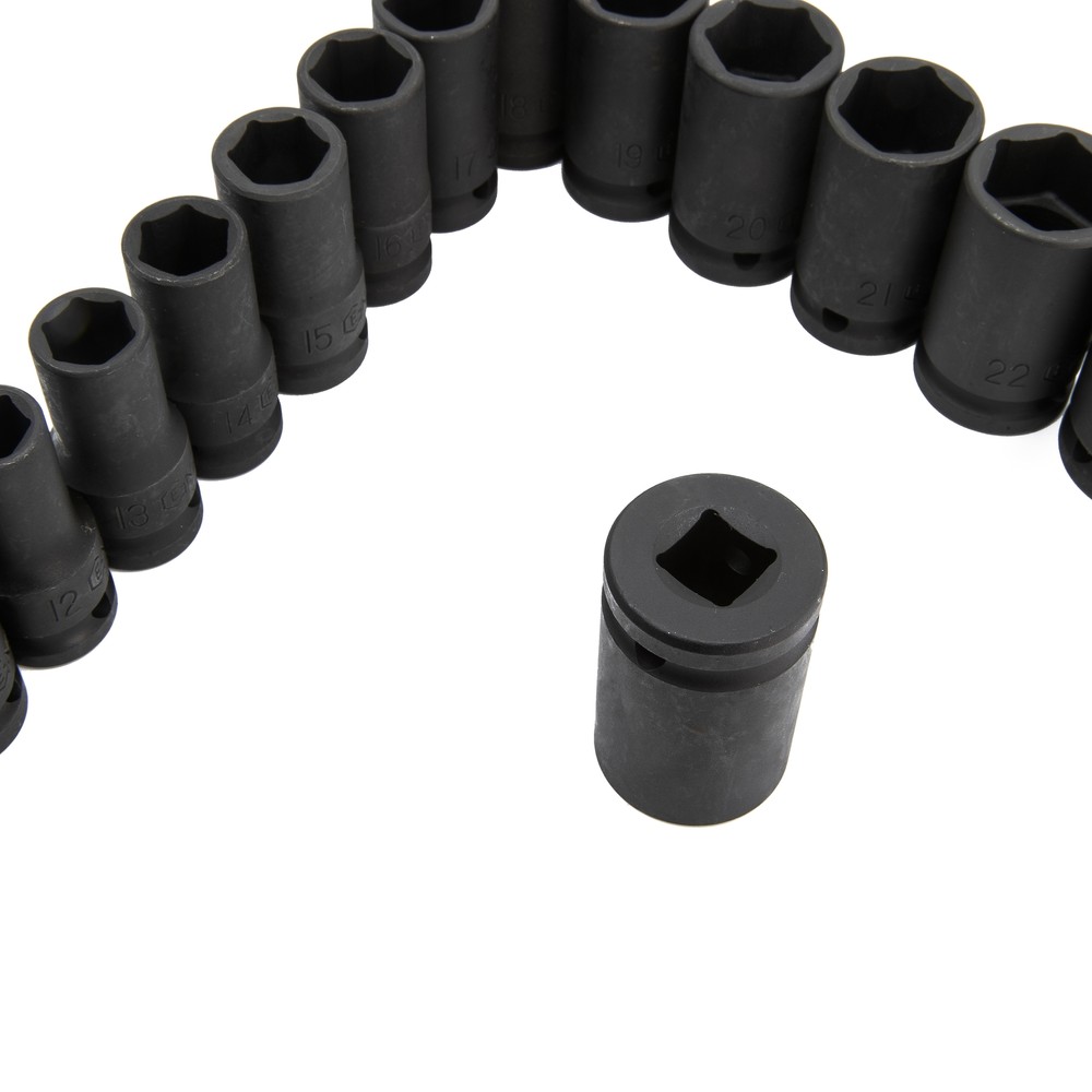 Genius Tools 15 Piece 1/2" Dr. Metric Semi-Deep Thin Wall Impact Socket Set (...