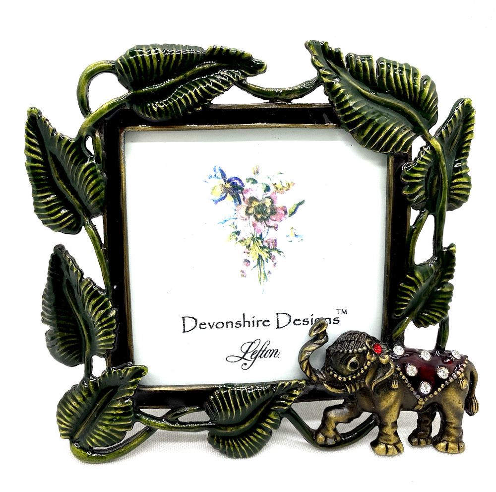 Lefton Devonshire Designs Enameled Leaves & Rhinestones Elephant Picture Frame