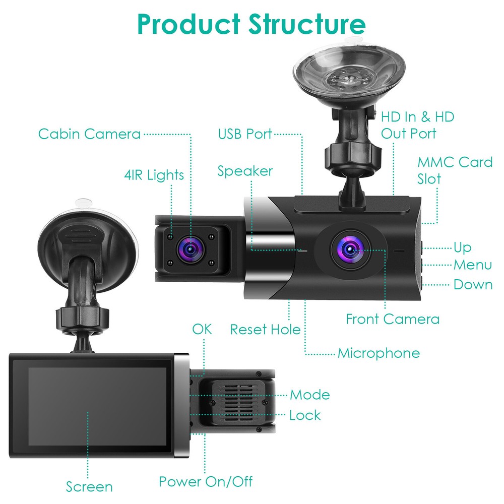 2K 3 Lens WIFI Car DVR Dash Cam Front Rear Inside Camera Video Recorder G-Sensor