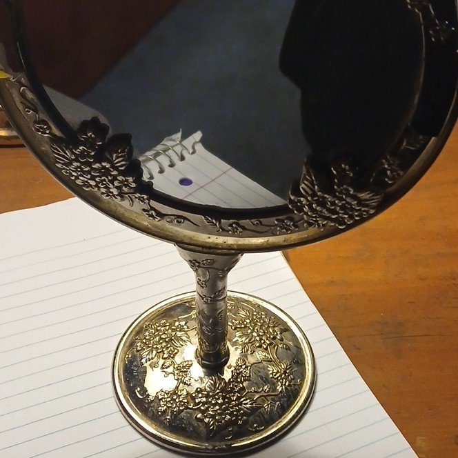 Ornate Brass Tabletop Vanity Mirror with Floral Design