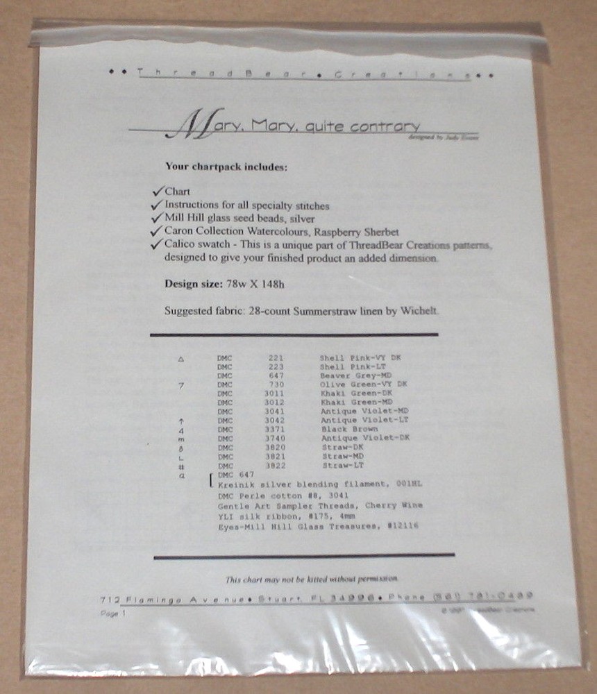 ThreadBear Creations "Mary, Mary, Quite Contrary" Cross Stitch Pattern Chartpack
