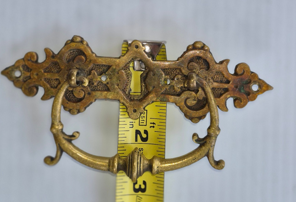 Pair Solid Cast Brass Antique Drawer Pulls Bail Handle Ornate Aesthetic Movement