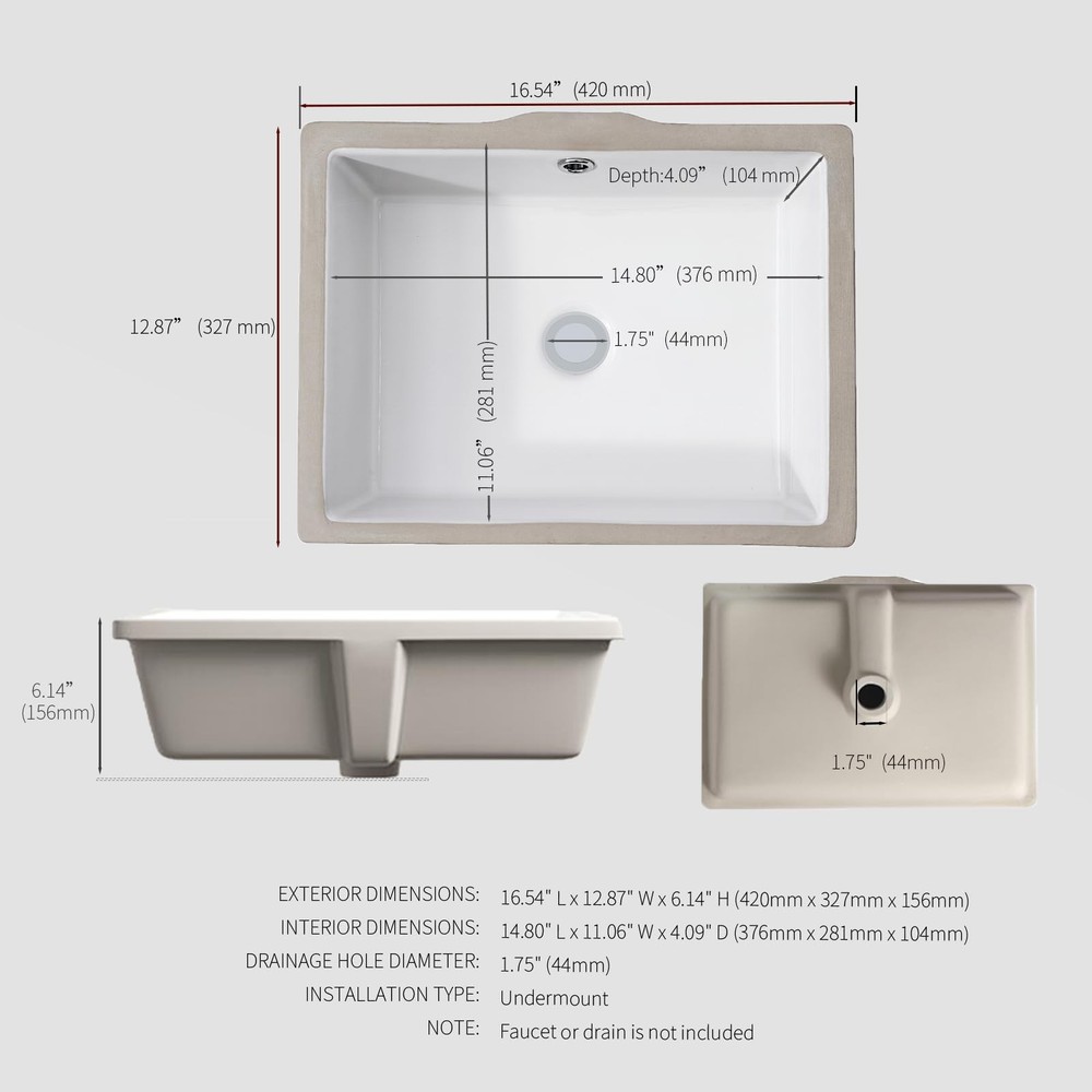 17-Inch Undermount Bathroom Sink, White Ceramic Rectangular Vanity Sink with ...