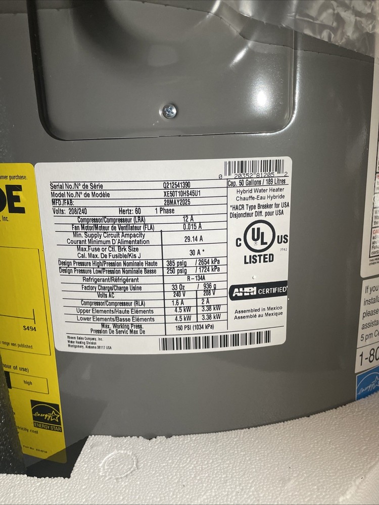 Rheem Hybrid ProTerra Smart Tank 50 Gal. Water Heater XE50T10HS45U1 DENT/DINGS!!