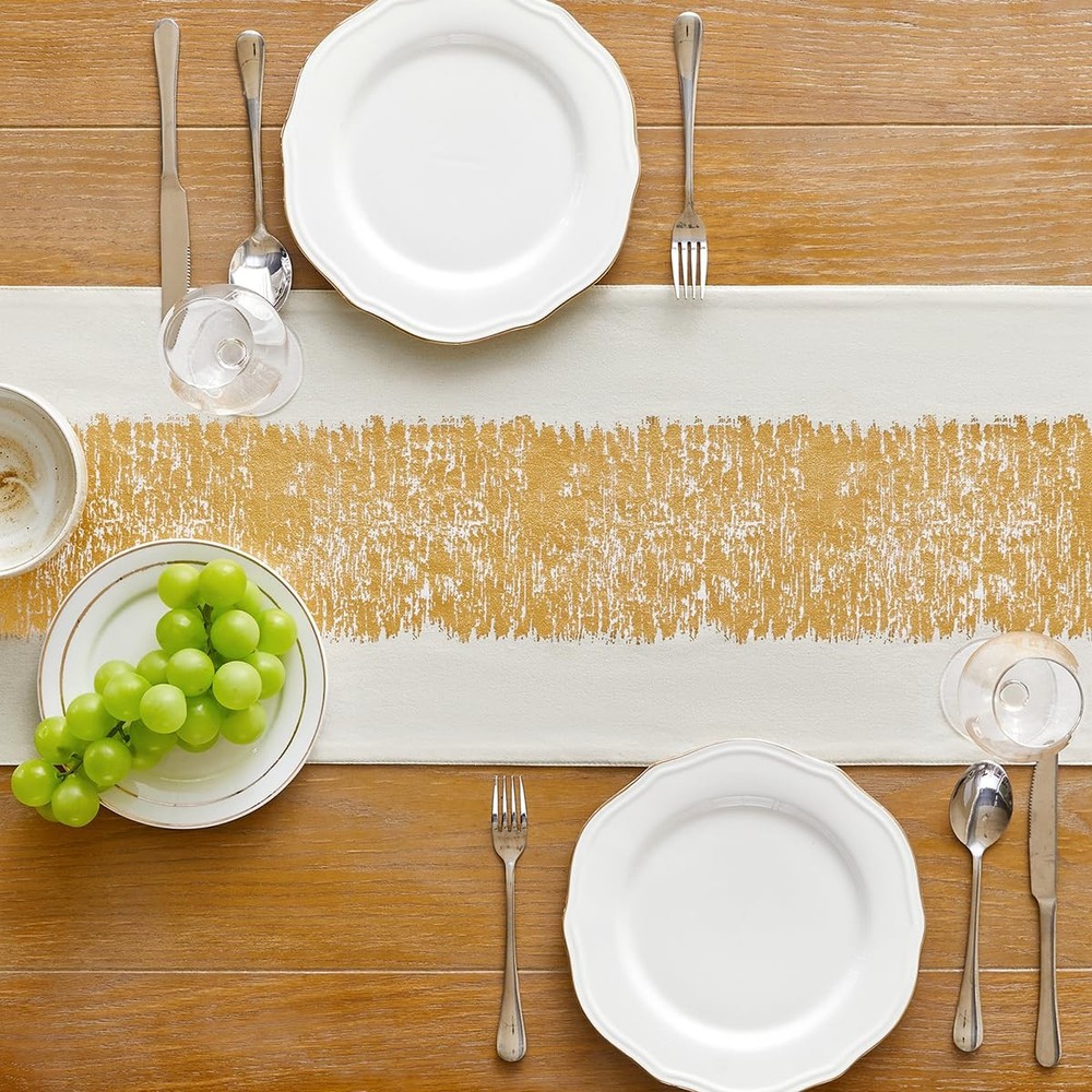 Metallic Style Fall Table Runner Cotton and Linen Christmas Gold Table Runner...