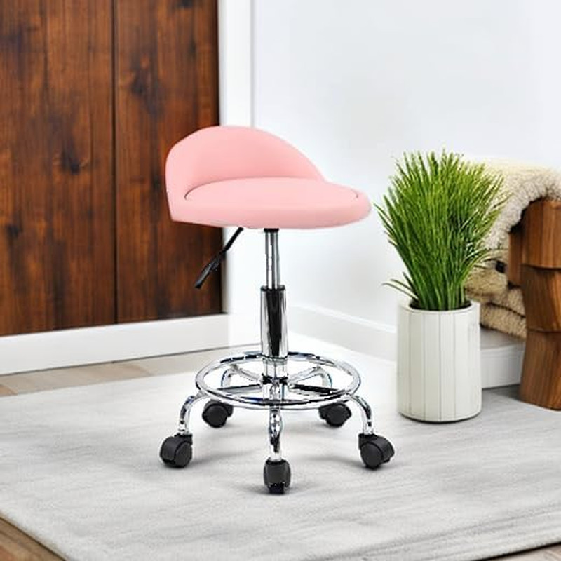 PU Leather round Rolling Stool with Foot Rest Height Adjustable Swivel Drafting