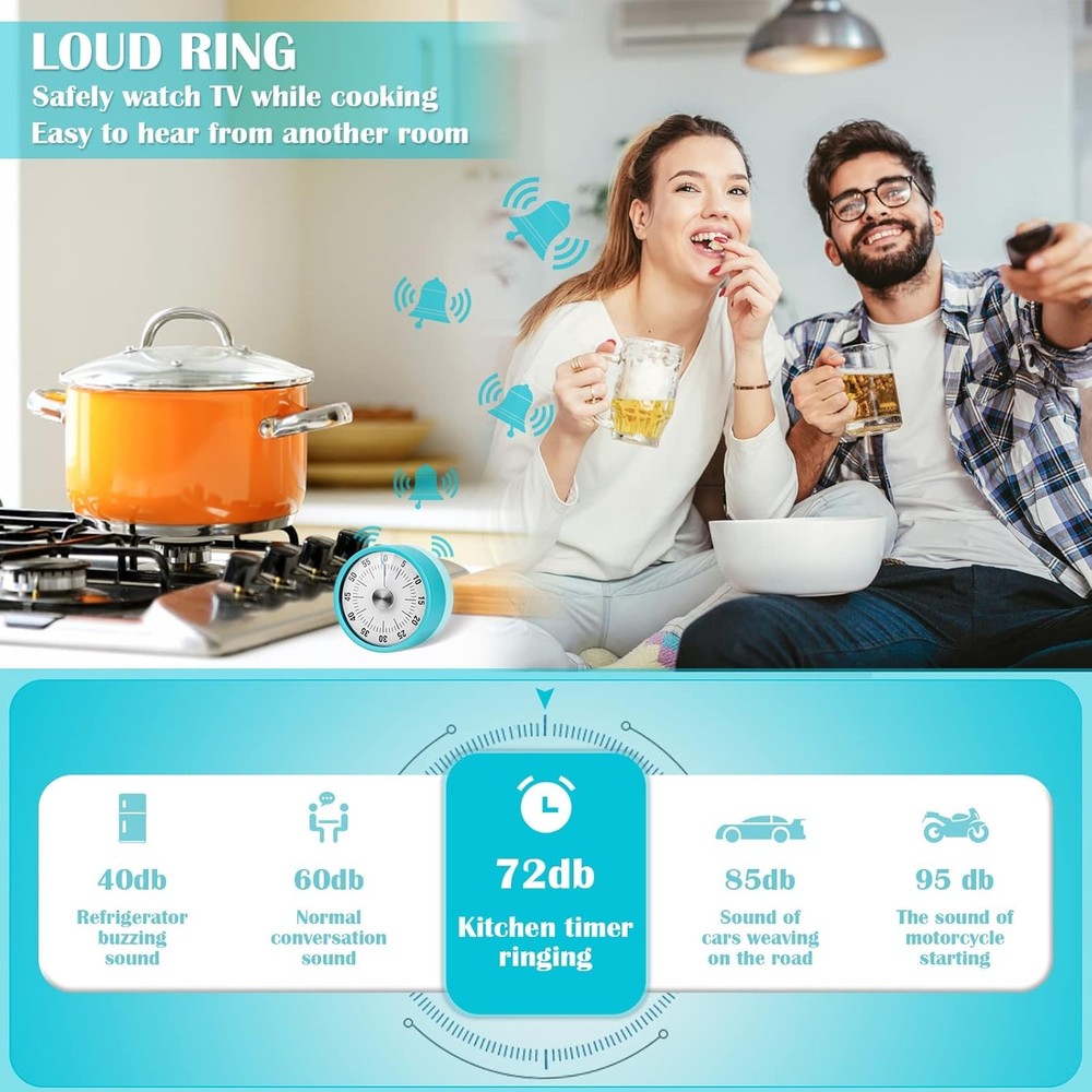 60-Minute Kitchen Timer Visual Countdown Magnetic Wind Up Loud Ring for Cooking