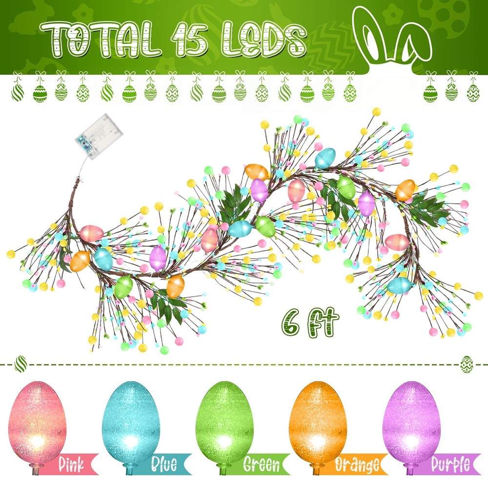 Lighted Easter Garland with 8 Lighting Modes, 15 LED Colorful Glitter Easter Egg