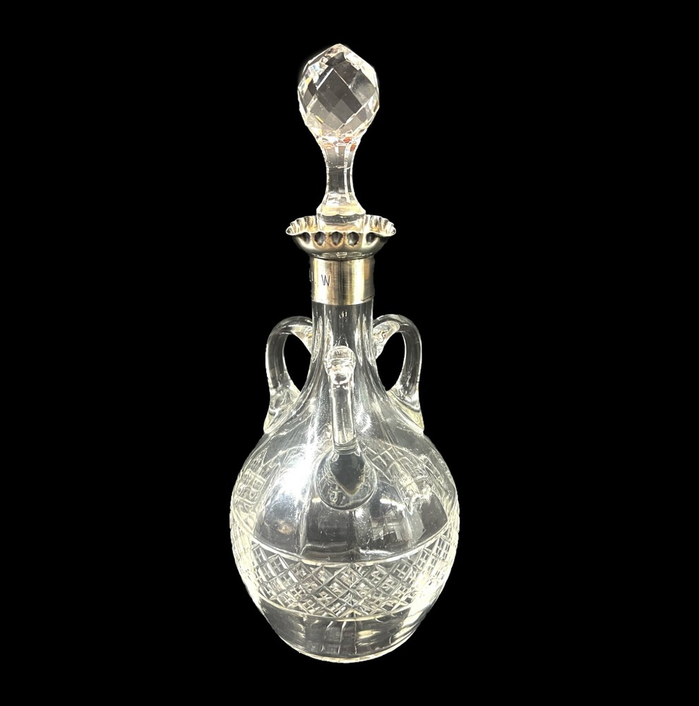 Victorian Three Handle Cut glass spirits decanter silver collar 1899