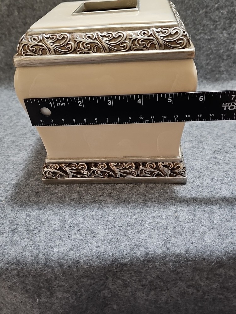 Decorative Tissue Box Cover Cream Ivory Silver Scroll Bathroom Vanity Square