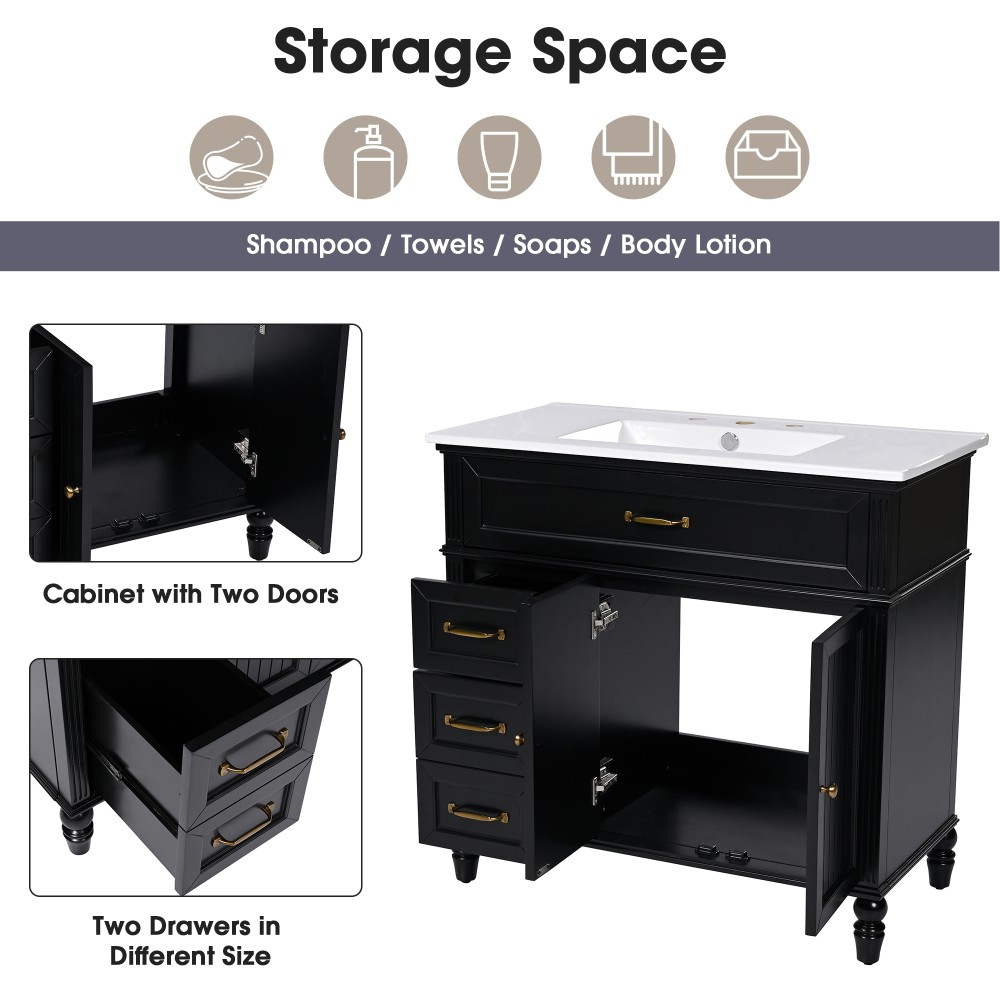 36" Bathroom Vanity with Sink, Bathroom Cabinet with Drawers, Solid Frame