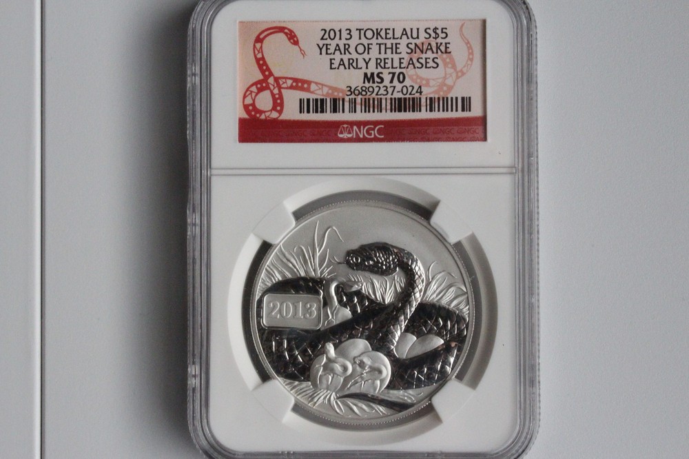 2013 TOKELAU 5 DOLLARS SILVER COIN MS 70 SNAKE