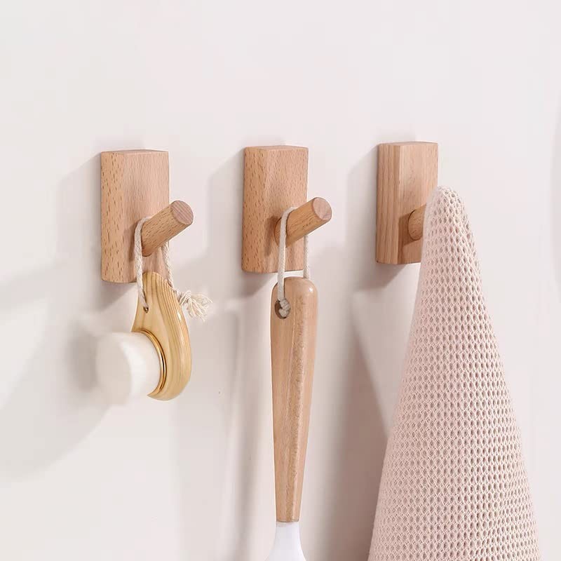 Adhesive Wall Hooks Hat Rack, Wooden Coat Hooks Wall 4Pack Rectangle-Beech